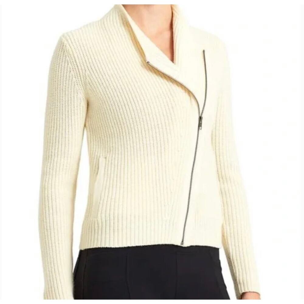 Athleta Stowe Merino Wool Asymmetrical Zip Front Ribbed Moto Cozy Cardigan - Med